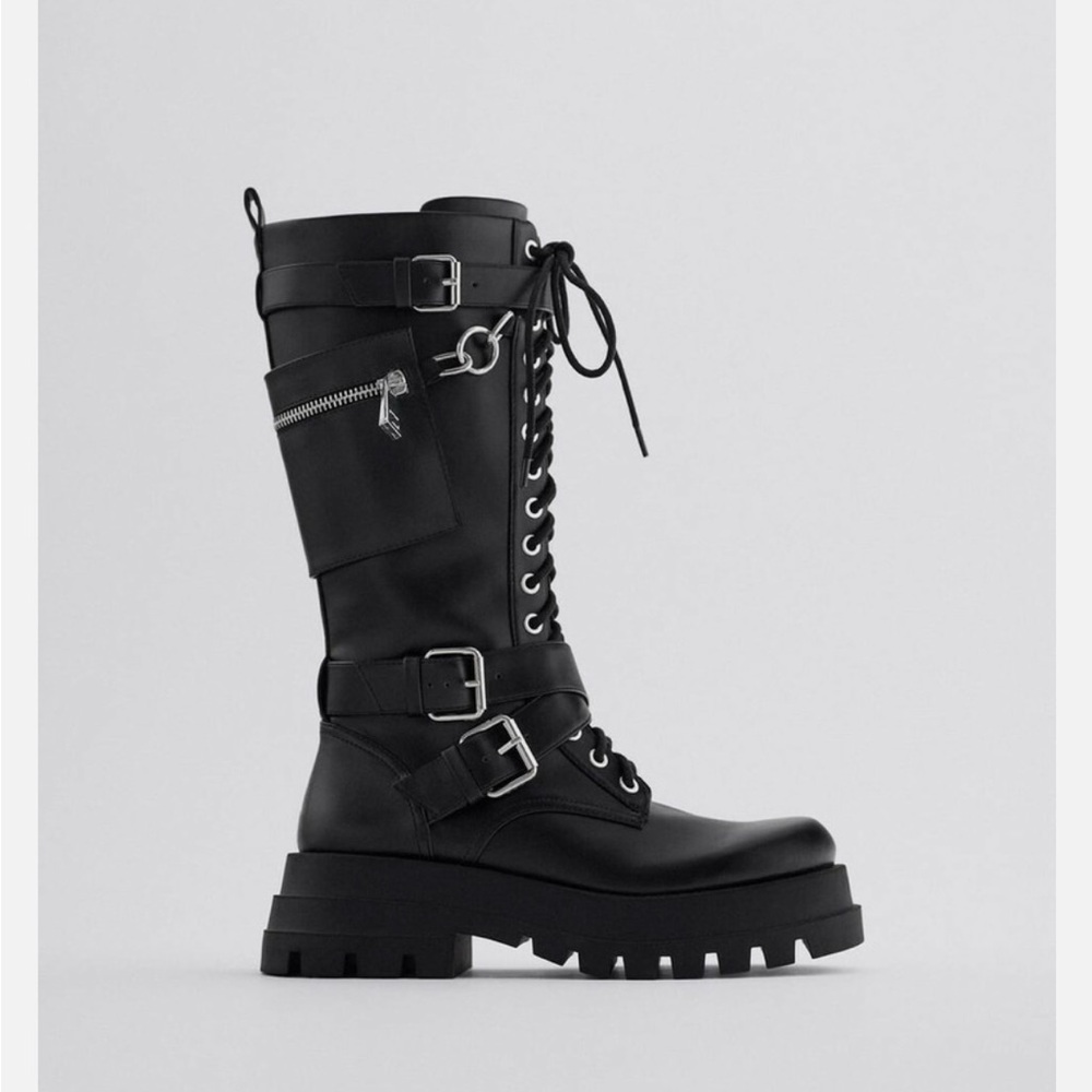 Zara High Shaft Lace-Up Boots with pocket